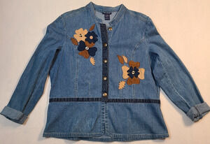 SML Sport Women Blue Denim Jacket Large Floral Applique Snap